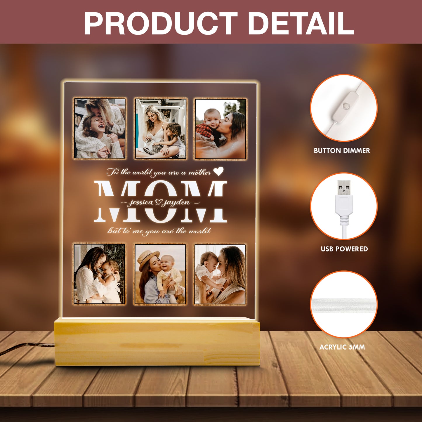 Personalized Mom Night Light With Photo, Custom Acrylic Frame Gift for Mother's Day or Birthday From Daughter or Son (MNL-18)