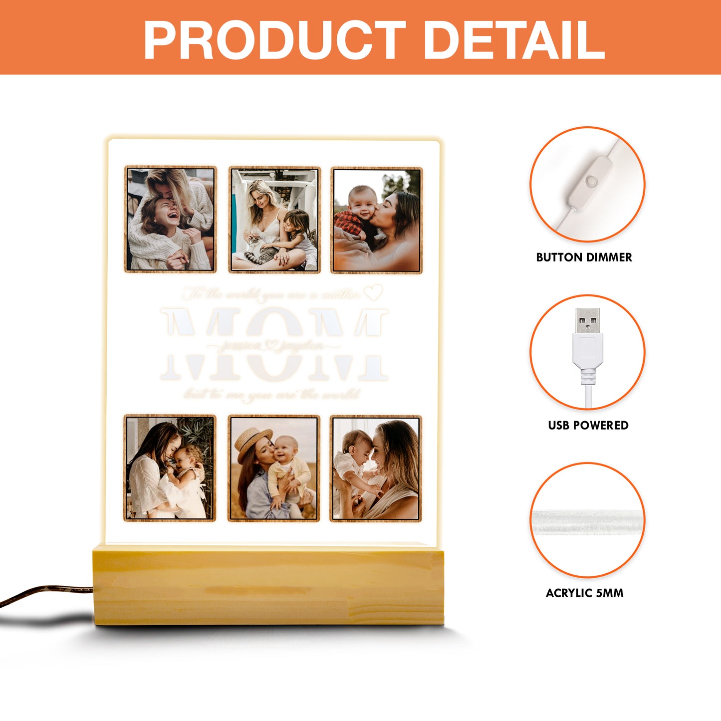 Personalized Mom Night Light With Photo, Custom Acrylic Frame Gift for Mother's Day or Birthday From Daughter or Son (MNL-18)