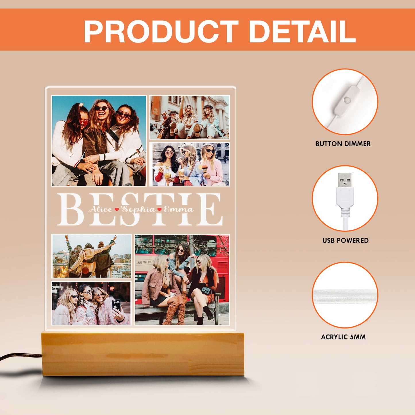 Custom BFF Photo Gift, Personalized Graduate Night Light, Besties Picture Keepsake, Birthday or Graduation Gift for Friend (GNL-33)