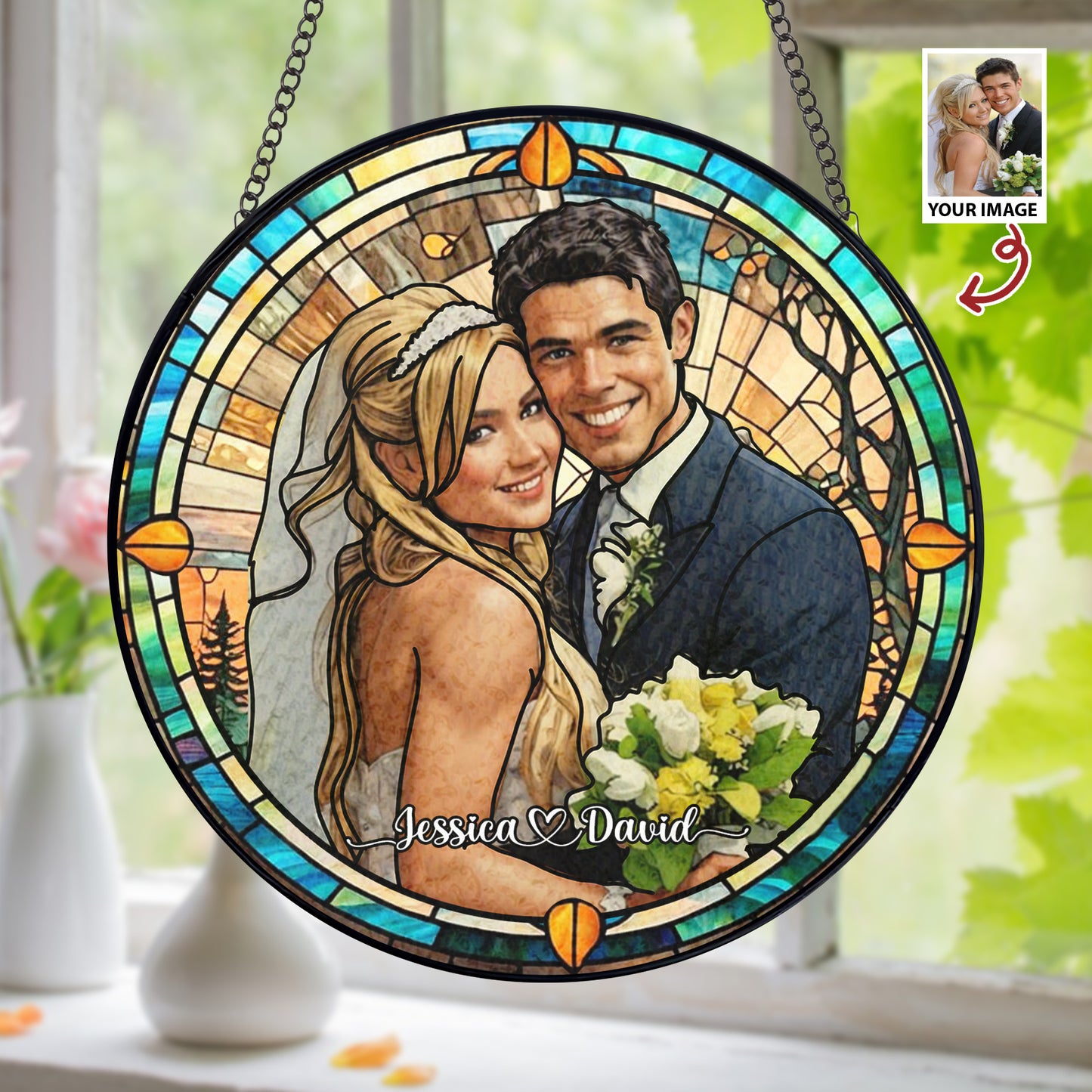 Handcrafted Personalized Stained Glass Suncatcher Featuring a Custom Couple’s Portrait for Home Décor and Meaningful Gifts (Sun-09)