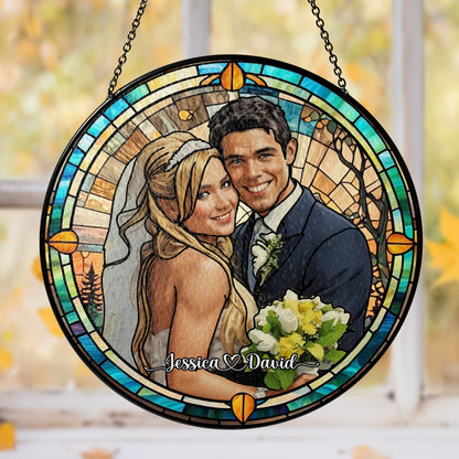 Handcrafted Personalized Stained Glass Suncatcher Featuring a Custom Couple’s Portrait for Home Décor and Meaningful Gifts (Sun-09)