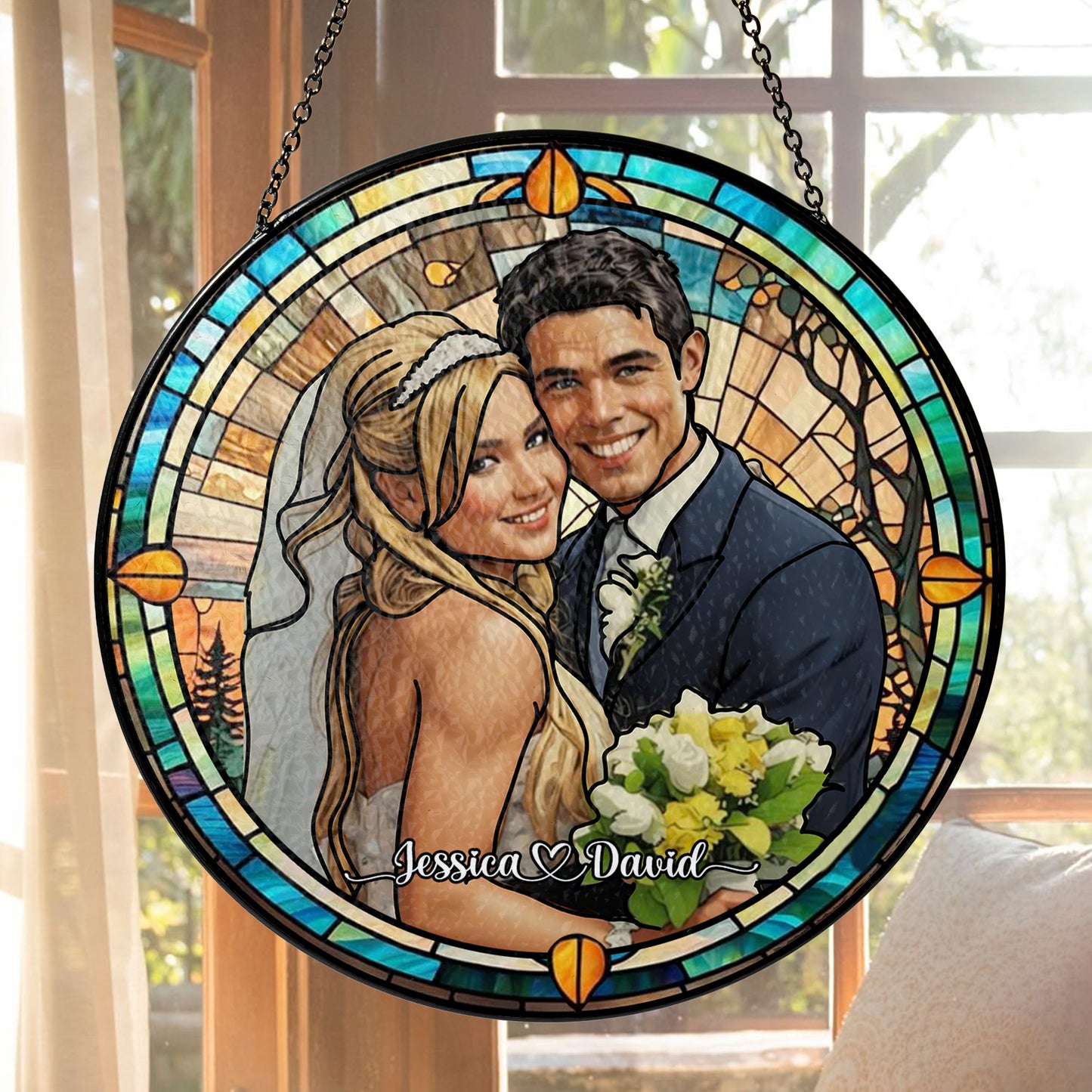 Handcrafted Personalized Stained Glass Suncatcher Featuring a Custom Couple’s Portrait for Home Décor and Meaningful Gifts (Sun-09)