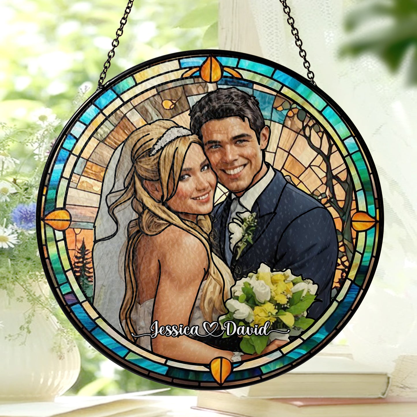 Handcrafted Personalized Stained Glass Suncatcher Featuring a Custom Couple’s Portrait for Home Décor and Meaningful Gifts (Sun-09)