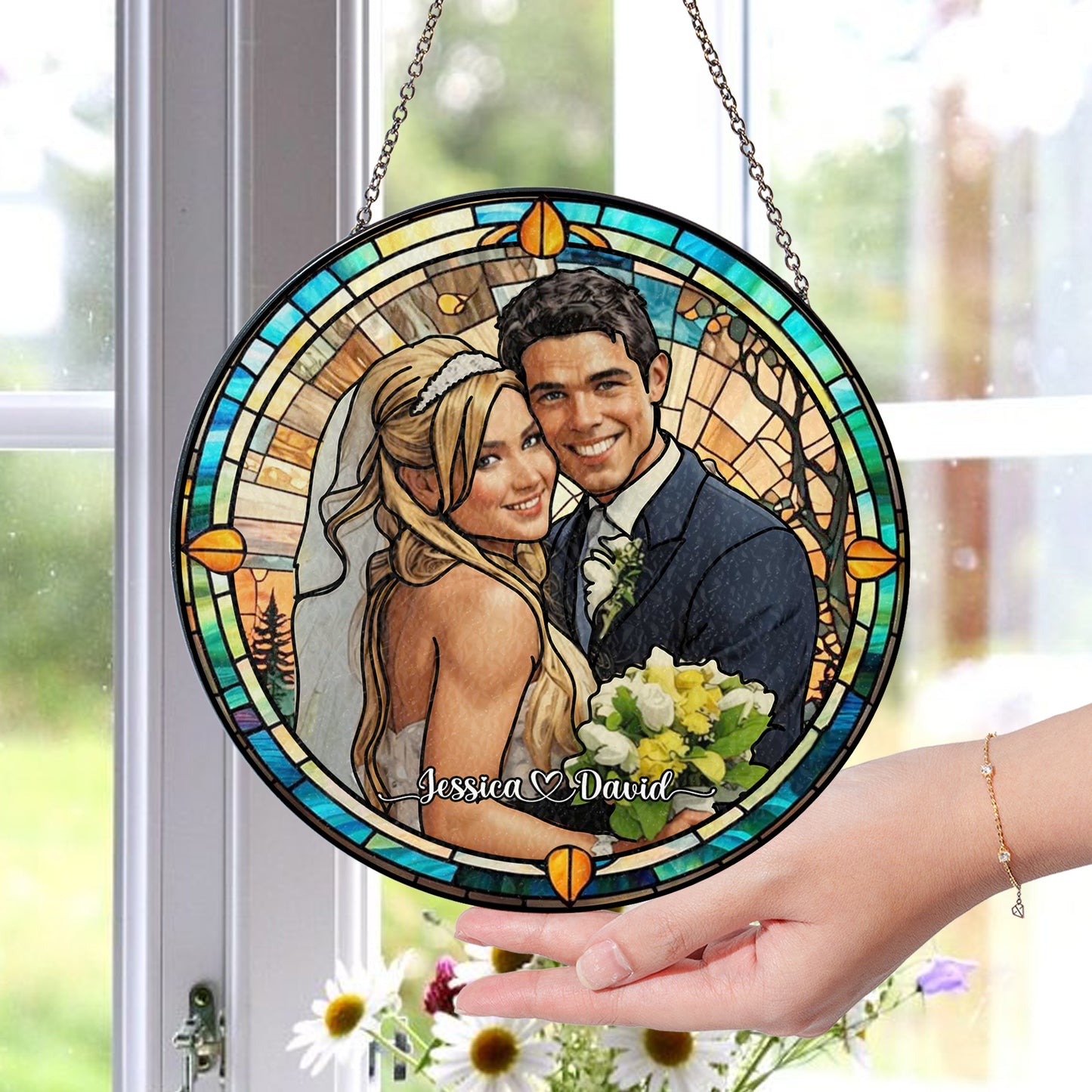 Handcrafted Personalized Stained Glass Suncatcher Featuring a Custom Couple’s Portrait for Home Décor and Meaningful Gifts (Sun-09)