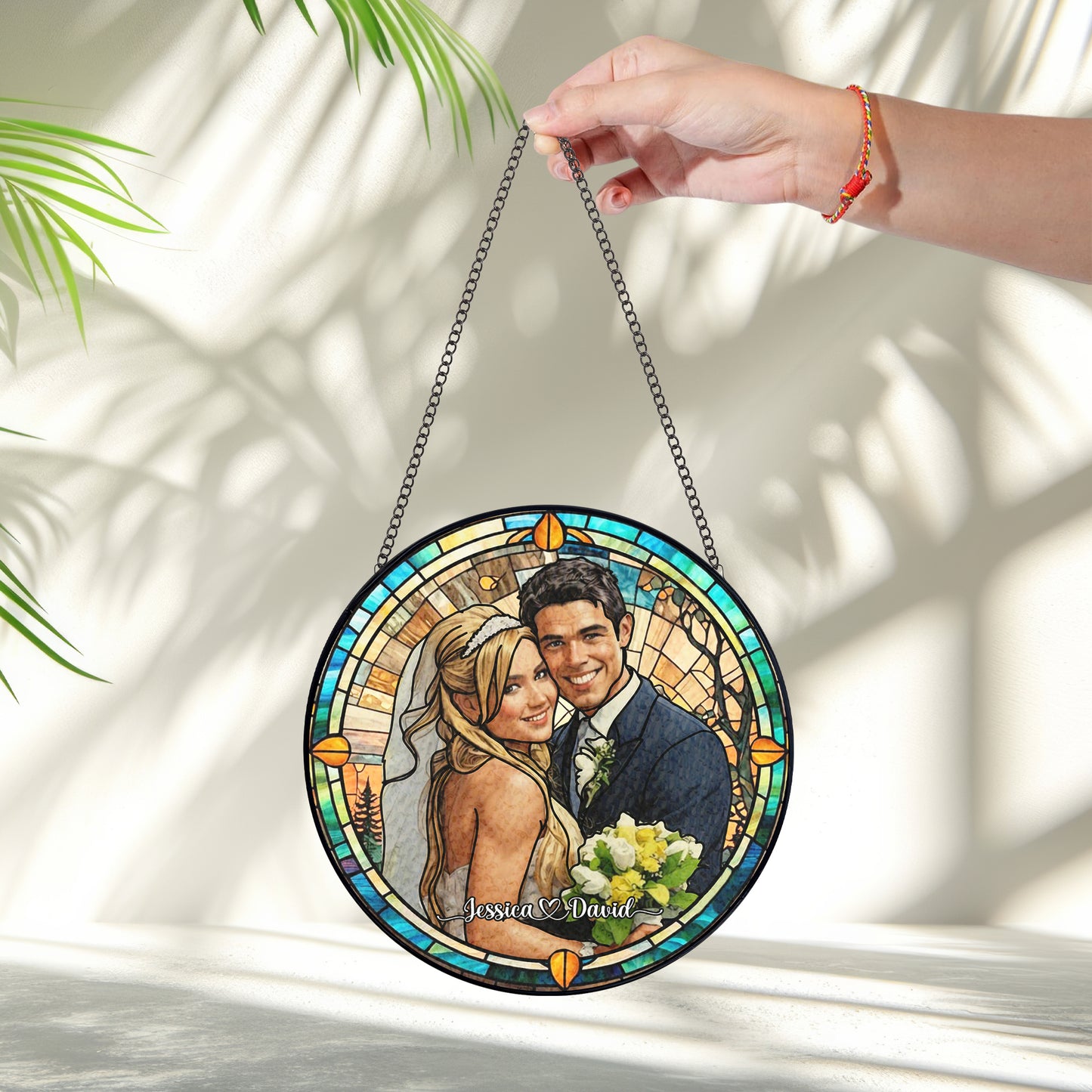 Handcrafted Personalized Stained Glass Suncatcher Featuring a Custom Couple’s Portrait for Home Décor and Meaningful Gifts (Sun-09)