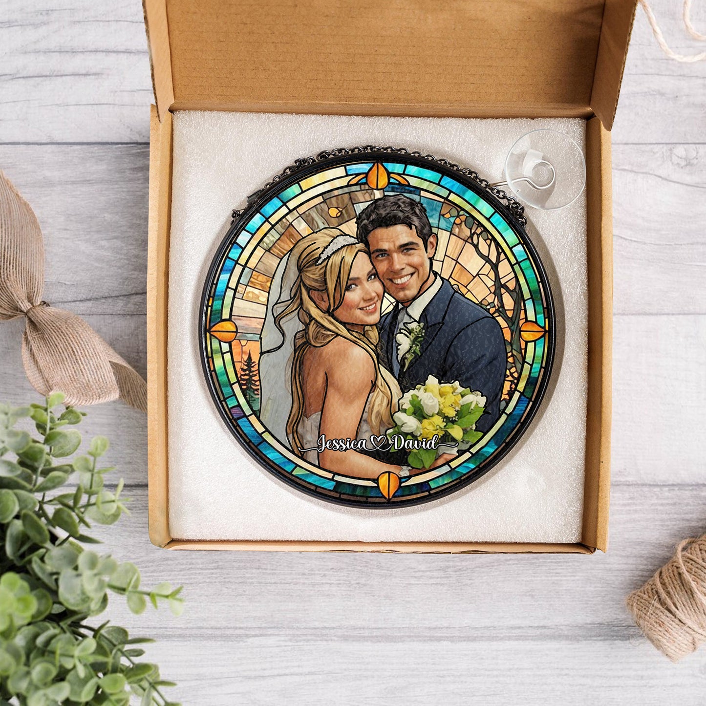 Handcrafted Personalized Stained Glass Suncatcher Featuring a Custom Couple’s Portrait for Home Décor and Meaningful Gifts (Sun-09)