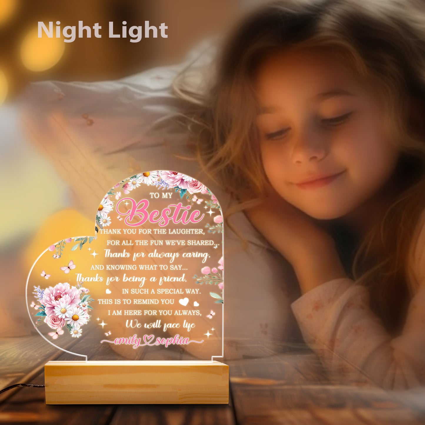 Personalized Mom Night Light, Birthday Gift for Mom, LED Lamp with Wood Base, Engraved Sleep Light for Mother's Day, Thanksgiving Gift (MNL-15)