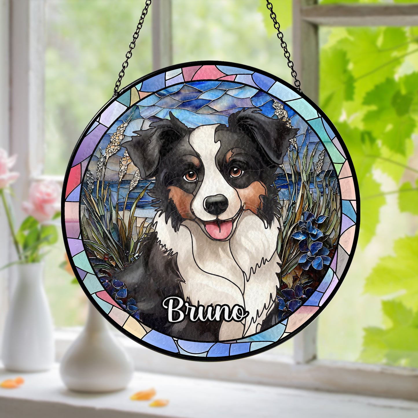 Custom Photo Portrait Pets Family - Personalized Stained Glass Suncatcher for Windows (Sun-05)
