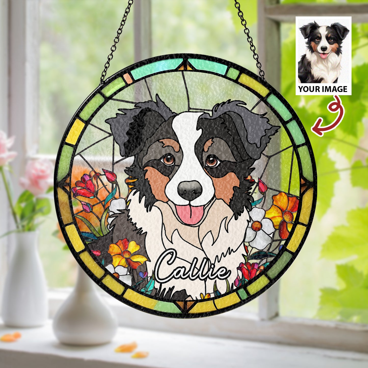 Custom Family & Pet Photo Portrait Glass Suncatcher For Window (Sun-07)