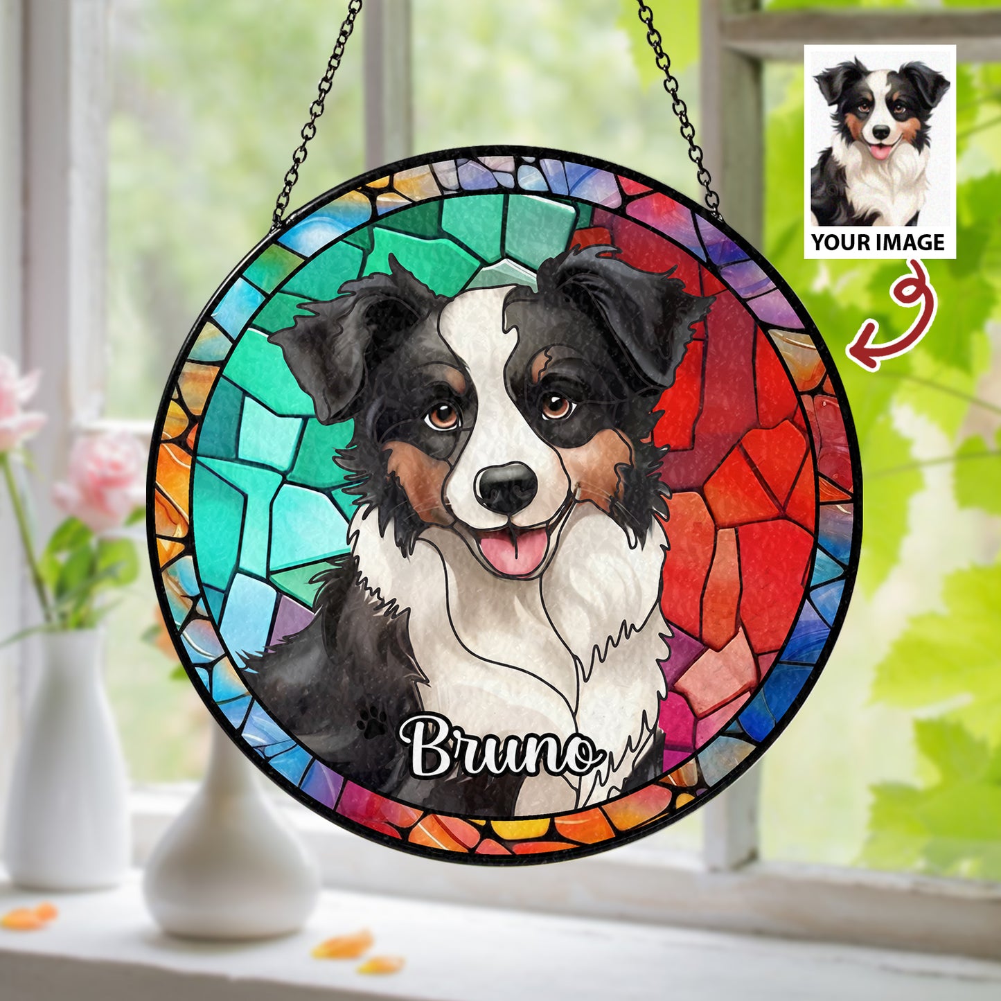 Personalized Pet Ornament – Custom Stained Glass Suncatcher (Sun-06)
