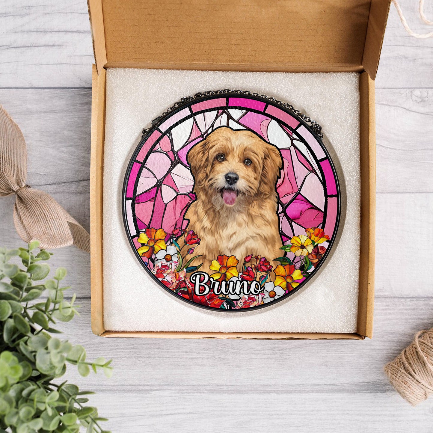 Custom Dog Portrait Glass Suncatcher – Handmade Pet Memorial Keepsake and Window Decoration for Animal Lovers (Sun-36)