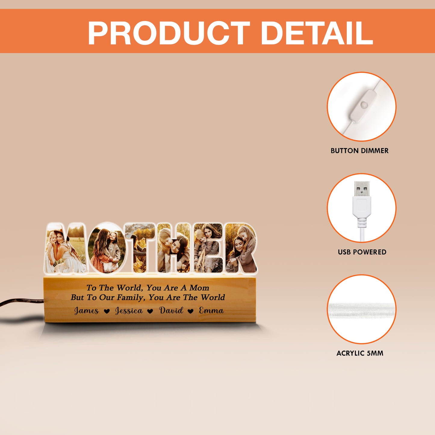 Custom Family Mom Night Light – Featuring a Heartwarming Photo of Mom and Child with Names of Loved Ones Below  (MNL-07)