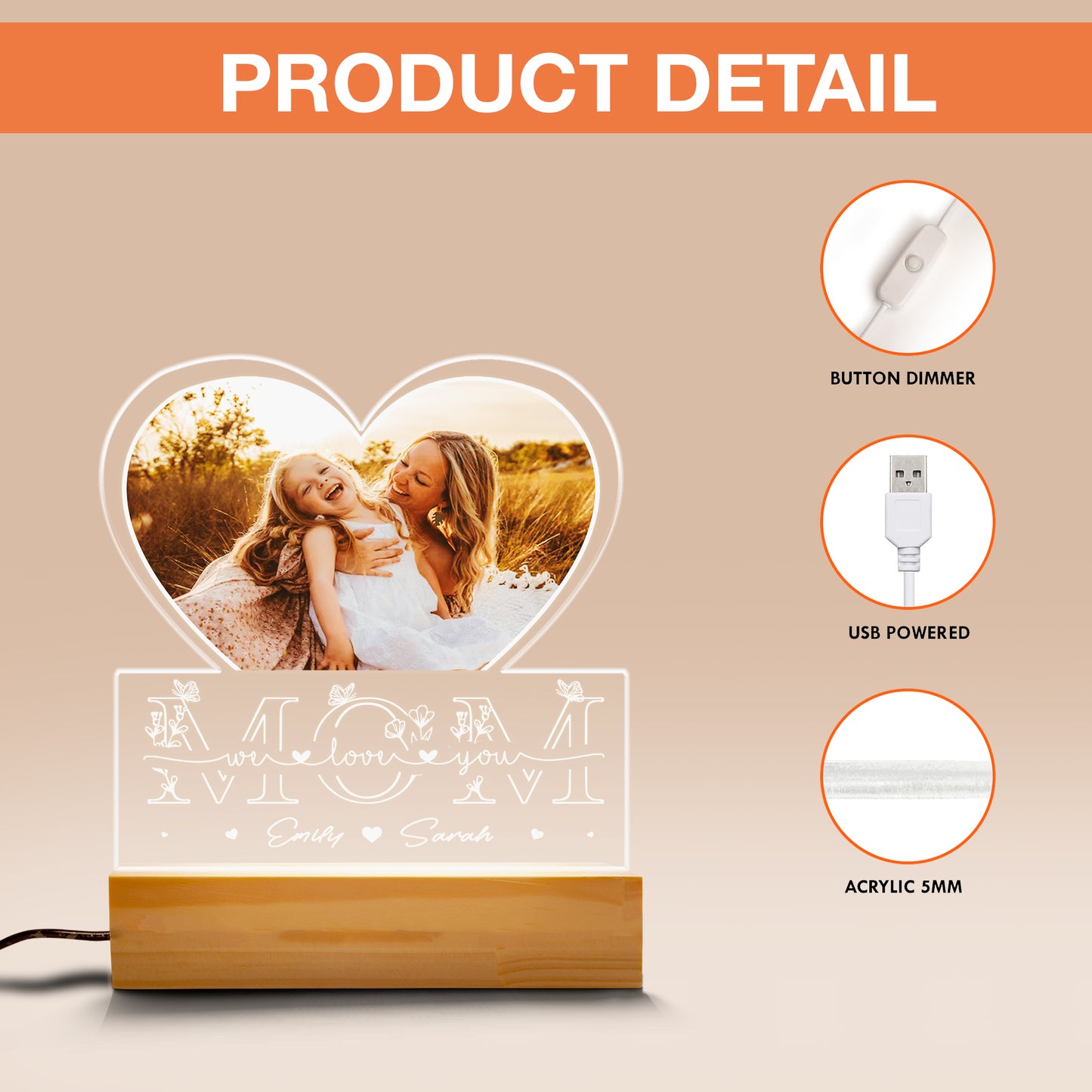 Mom Night Light with Personalized Name and Photo – Thoughtful Gift for Mother's Day, Birthday, or Holiday Celebration (MNL-05)