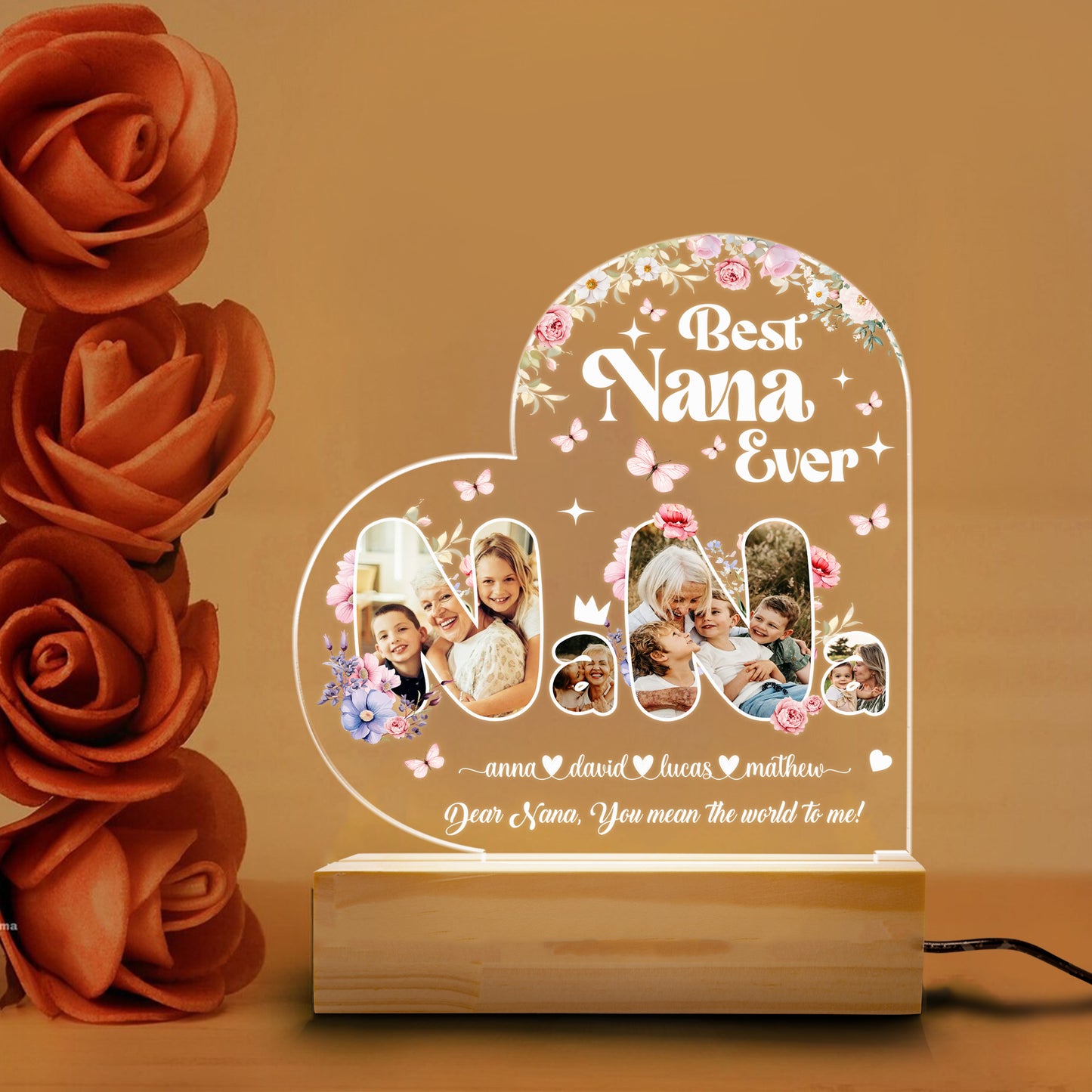 Mom Night Light, Birthday Gift for Mom from Daughter, LED Night Light with Wooden Base, Personalized Engraved Sayings, Mother's Day, Christmas Gift (MNL-13)