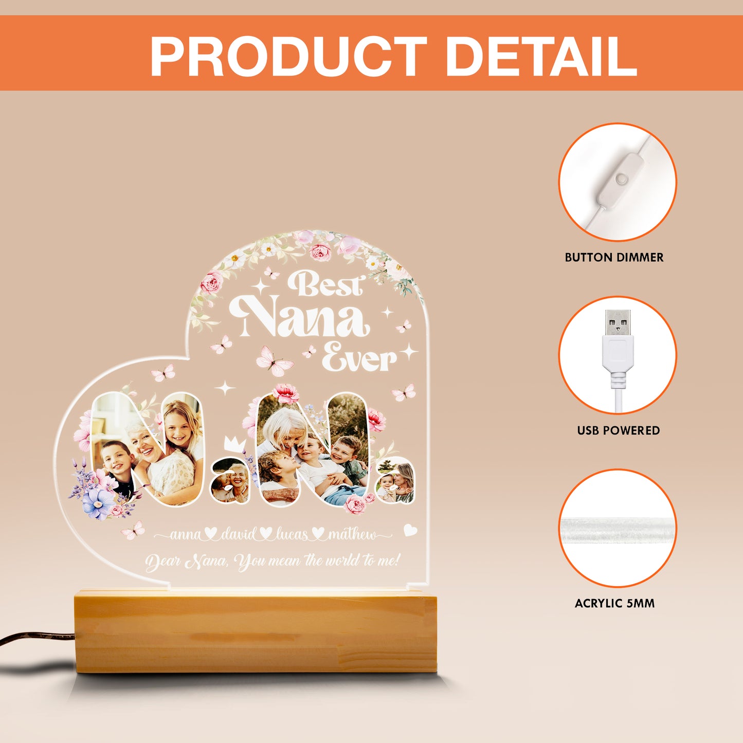 Mom Night Light, Birthday Gift for Mom from Daughter, LED Night Light with Wooden Base, Personalized Engraved Sayings, Mother's Day, Christmas Gift (MNL-13)