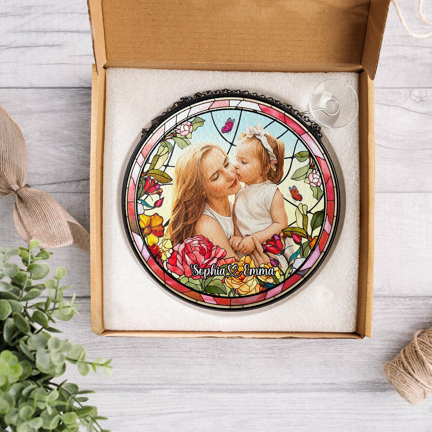 Personalized Mother & Daughter Love Stained Glass Ornament (Sun-02)