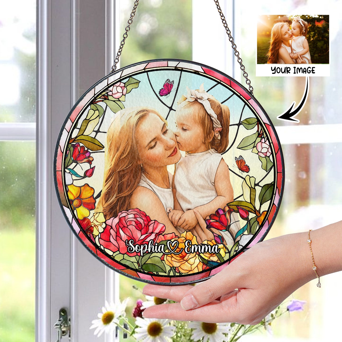 Personalized Mother & Daughter Love Stained Glass Ornament (Sun-02)