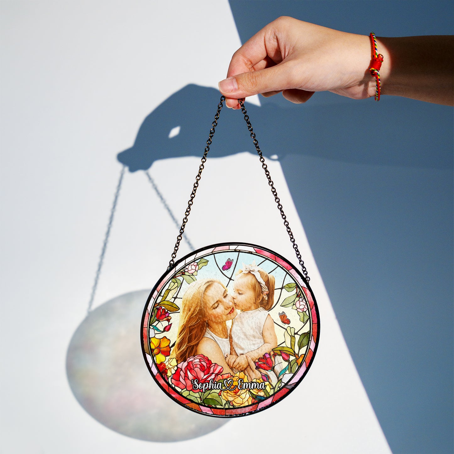 Personalized Mother & Daughter Love Stained Glass Ornament (Sun-02)