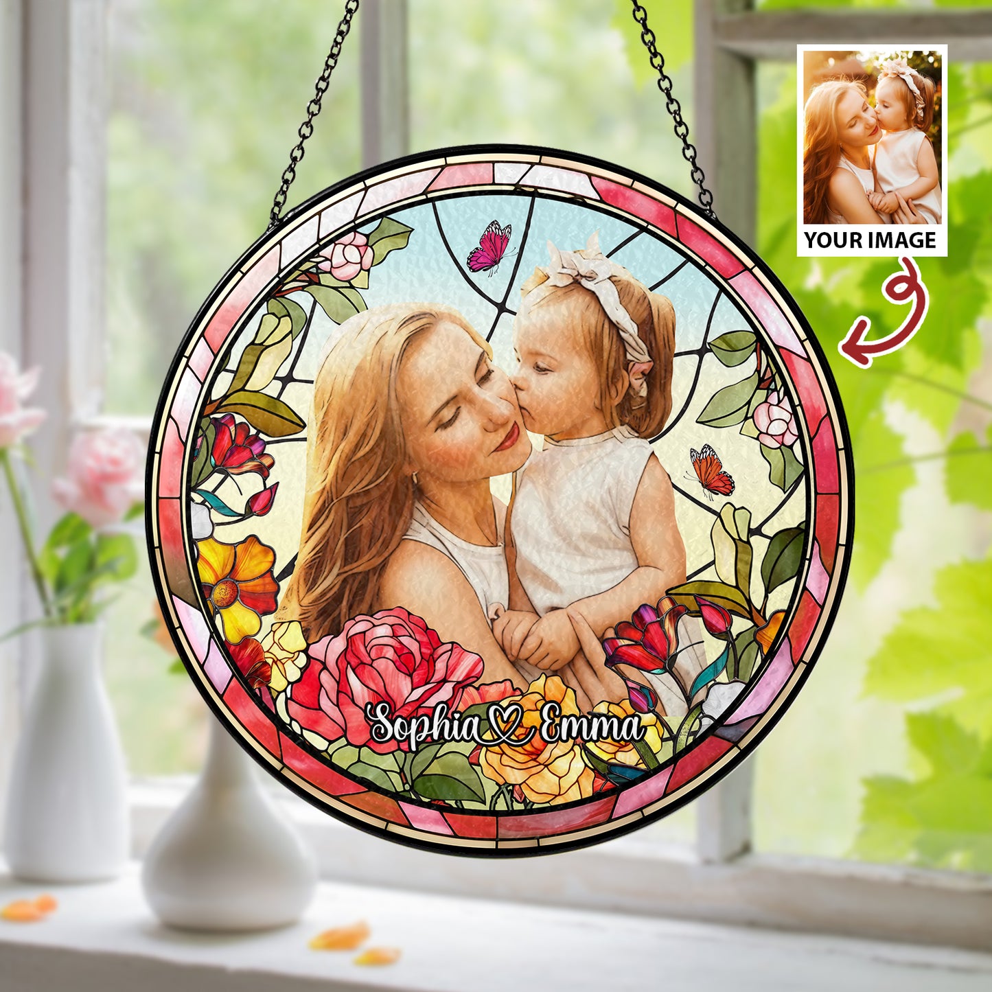 Personalized Mother & Daughter Love Stained Glass Ornament (Sun-02)