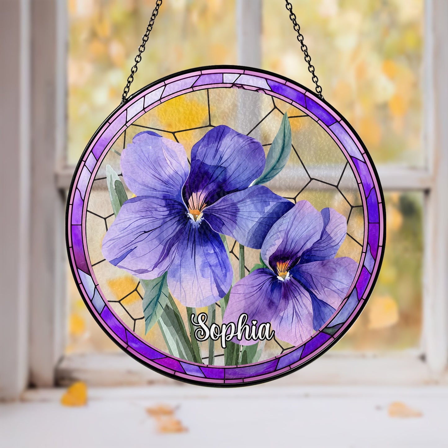 Customized Stained Glass Suncatcher with Birth Flower Design – Unique Window Decoration (Sun-03)
