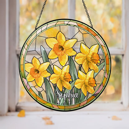 Customized Stained Glass Suncatcher with Birth Flower Design – Unique Window Decoration (Sun-03)