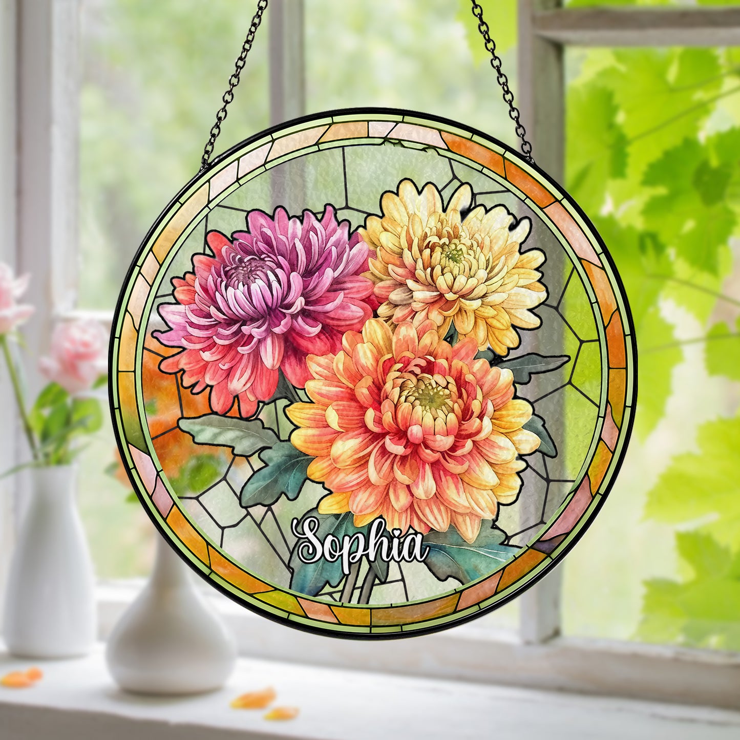 Customized Stained Glass Suncatcher with Birth Flower Design – Unique Window Decoration (Sun-03)