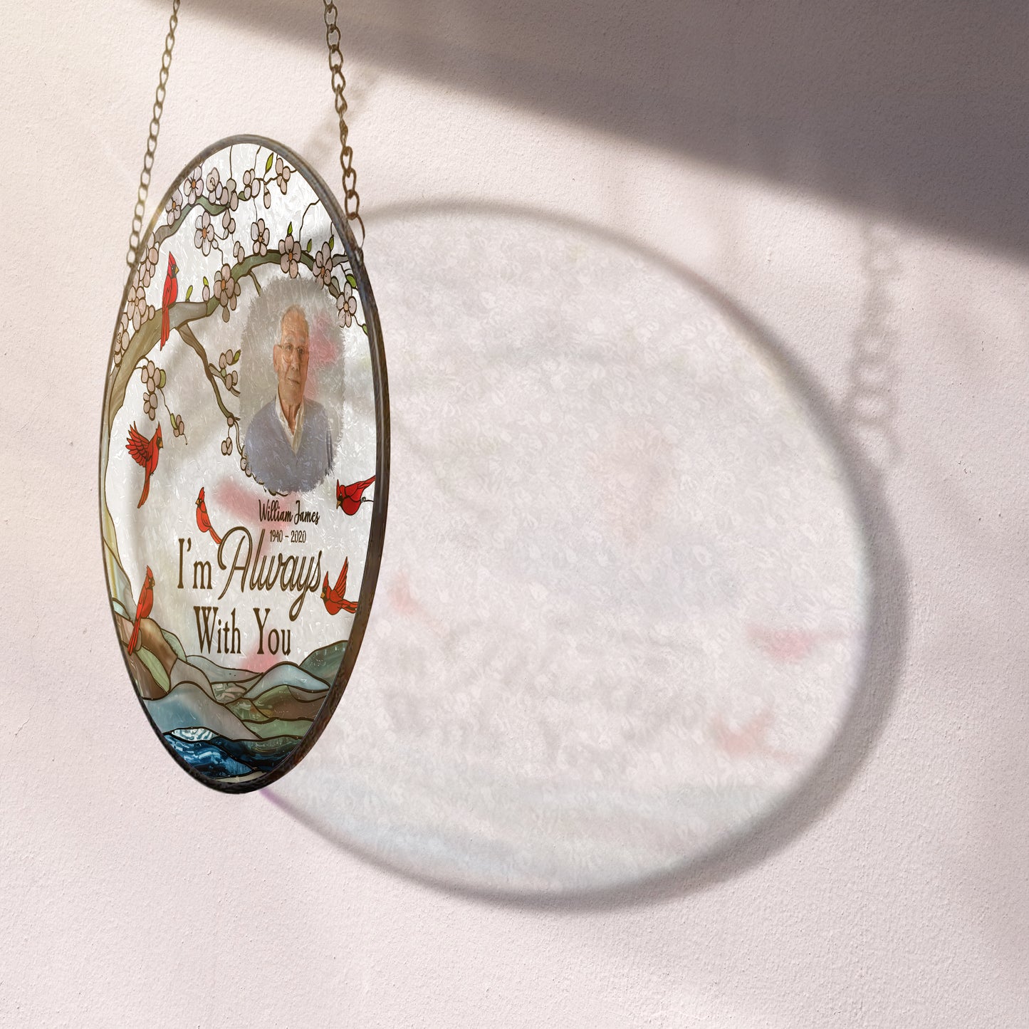 Personalized Glass Suncatcher for Windows – Memorial Cardinal Ornament with Name, Dates & Photo (Sun-95)