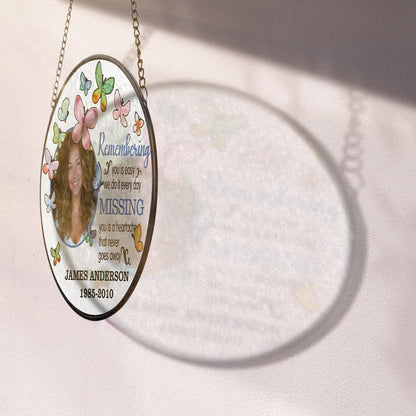 Personalized Memorial Glass Suncatcher with Photo and Butterflies – In Loving Memory Hanging Ornament for Loss of Loved One (Sun-92)