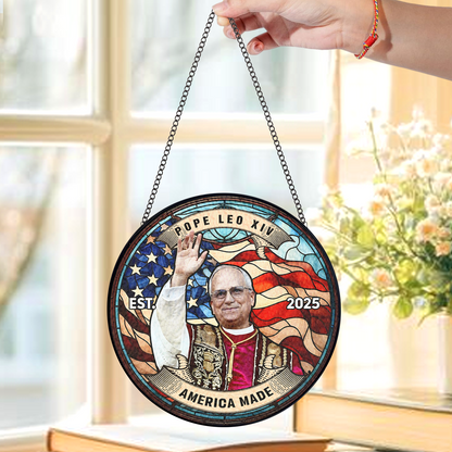 Catholic Pope Leo XIV Glass Suncatcher – Religious Stained Glass Style Hanging – Spiritual Home or Church Decor (Sun-103)