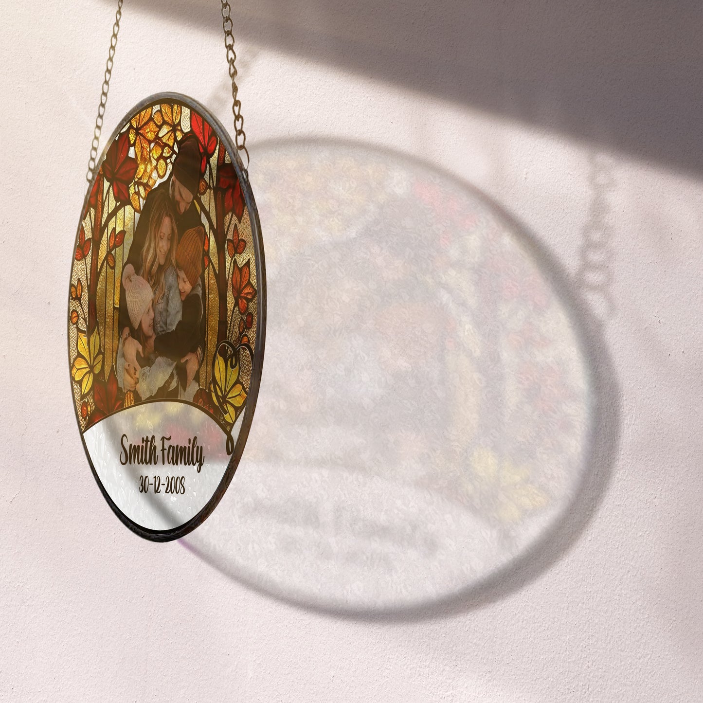 Personalized Family Photo Glass Suncatcher – Custom Stained Glass Window Hanging with Name and Date – Fall Tree Theme Gift for Family (Sun-85)