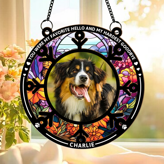 Pet Memorial Hanging Suncatcher with Photo and Name – Personalized Rainbow Bridge Remembrance Gift for Dog or Cat Loss (H-Sun-29)
