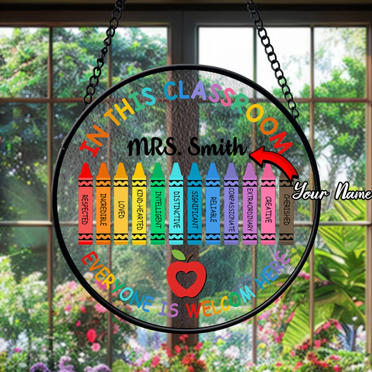 Custom Classroom Glass Suncatcher – Teacher Gift with Rainbow Crayons and Welcome Quote – Back to School Window Decoration (Sun-88)