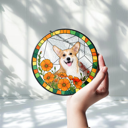 Custom Pet Glass Suncatcher – Personalized Dog Portrait with Yellow Lilies and Daisies – Stained Glass Style Window Hanging Gift (Sun-104)