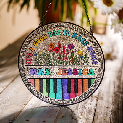 Personalized Music Teacher Glass Suncatcher – Custom Name Piano Design with Flowers – Gift for Music Instructor or Choir Teacher (Sun-83)