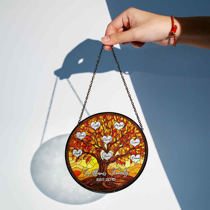 Custom Family Tree Glass Suncatcher – Personalized Stained Glass Style Window Hanging with Names & Established Year (Sun-109)