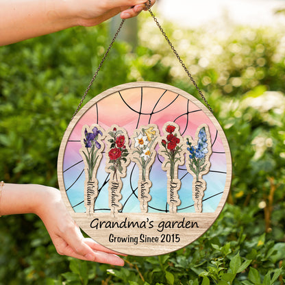 Personalized Grandma’s Garden Hanging Suncatcher, Custom Birth Flower & Name Sign, Gift for Nana (Sun-80)