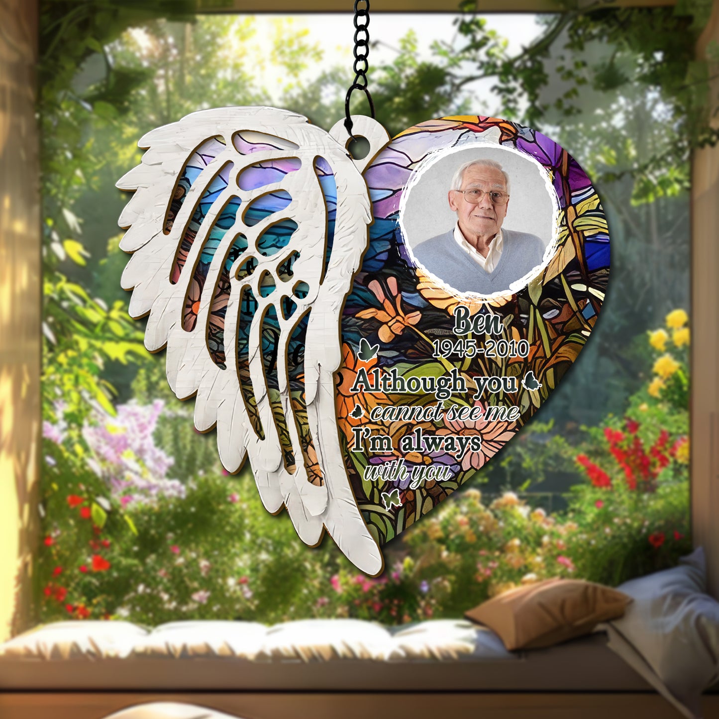 Custom Photo Glass Suncatcher with Angel Wings – A Beautiful Window Hanging to Remember a Loved One Taken Too Soon (H-Sun-18)