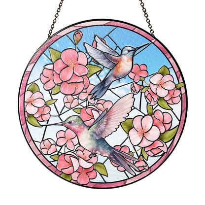Custom Glass Suncatcher with Hummingbird Couple – A Romantic Window Hanging for Bird and Nature Lovers (Sun-30)