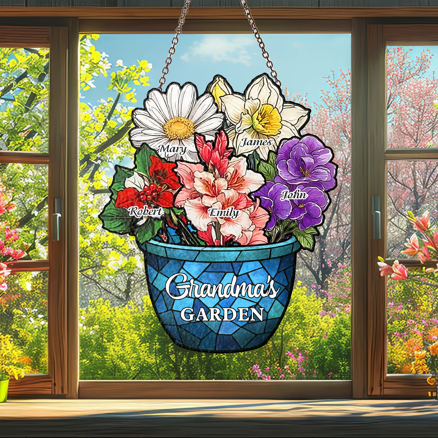 Custom Family Birth Flowers Glass Suncatcher, Personalized Mom’s Garden Gift, Mother’s Day, Stained Glass Art for Grandma’s Garden (H-Sun-08)