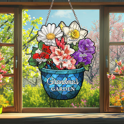 Custom Family Birth Flowers Glass Suncatcher, Personalized Mom’s Garden Gift, Mother’s Day, Stained Glass Art for Grandma’s Garden (H-Sun-08)