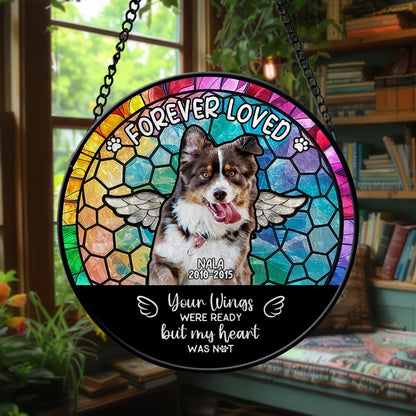 Personalized Pet Memorial Glass Suncatcher – Dog Loss Gift with Name and Dates – ‘Your Wings Were Ready’ Rainbow Window Hanging (Sun-89)