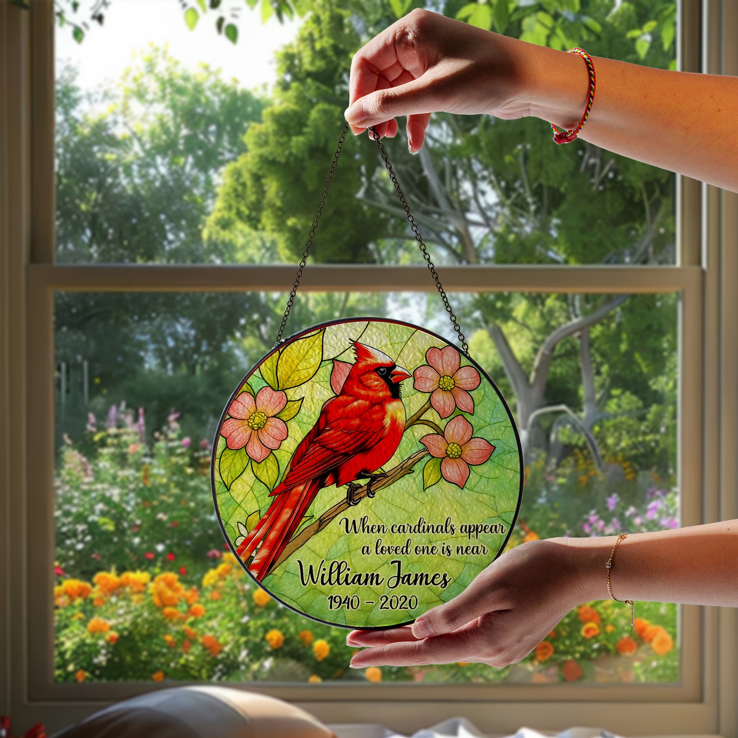 Personalized Cardinal Memorial Suncatcher – Custom Name & Dates – When Cardinals Appear a Loved One Is Near (Sun-94)