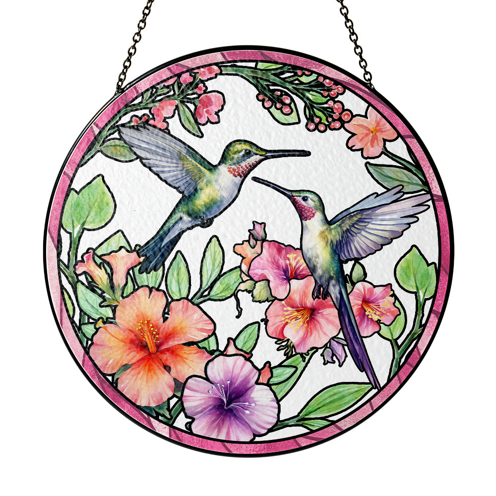 Custom Hummingbird Couple Glass Suncatcher, Elegant Window Decoration for Bird Lovers (Sun-22)