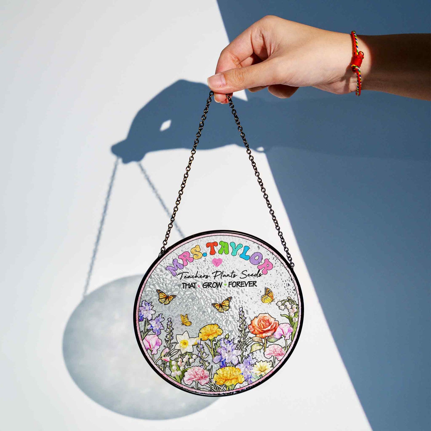 Unique Teacher Gift with Name - Garden Themed Stained Glass Suncatcher - Teacher Retirement or Thank You Gift (Sun-106)