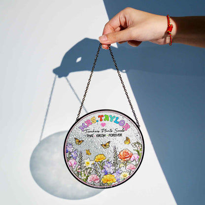 Unique Teacher Gift with Name - Garden Themed Stained Glass Suncatcher - Teacher Retirement or Thank You Gift (Sun-106)