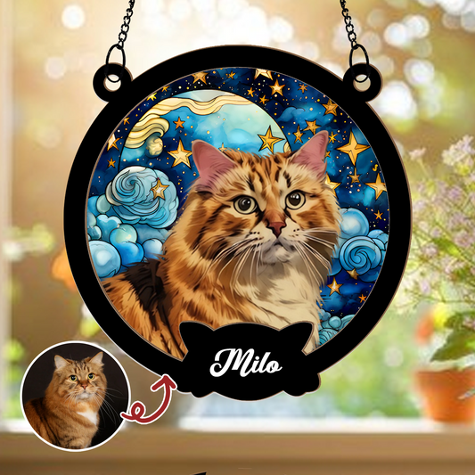 Personalized Cat Portrait Suncatcher – Custom Starry Sky Window Hanging with Pet Photo and Name – Gift for Cat Lovers and Pet Owners (H-Sun-21)