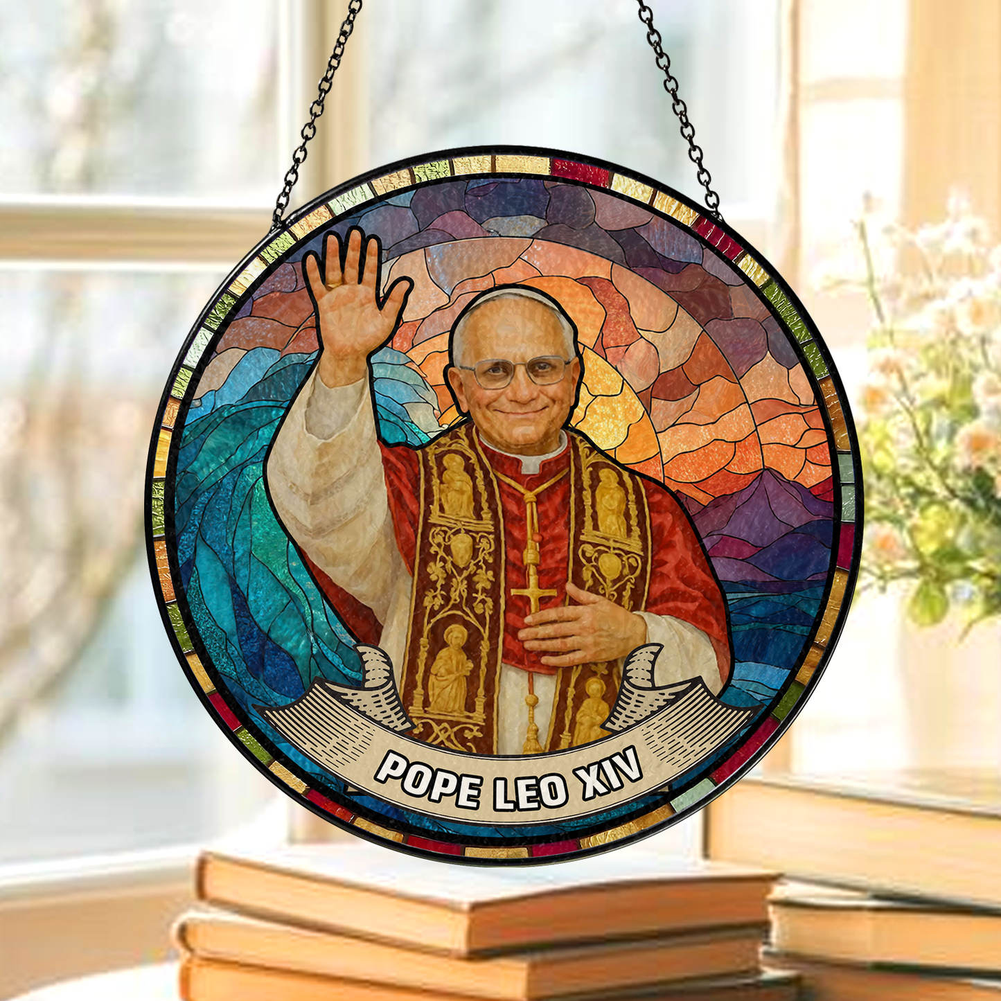 Pope Leo XIV Stained Glass Suncatcher – Catholic Window Hanging Religious Gift – Pope Art Decor for Prayer Room (Sun-102)