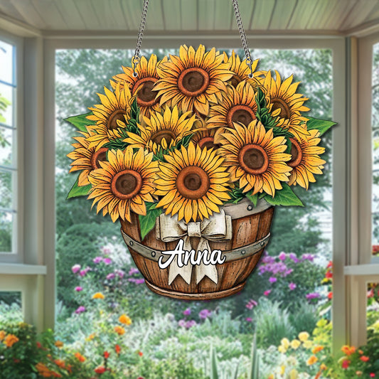 Personalized Sunflower Ornament Glass Suncatcher, Acrylic Ornaments, Sunflowers Boutique Acrylic, Custom Name Sunflower Gifts, Sunflower Decor (H-Sun-09)
