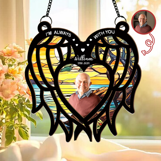 Personalized Memorial Hanging Suncatcher – Angel Wings Heart Design with Photo for Loss of Loved One (H-Sun-19)