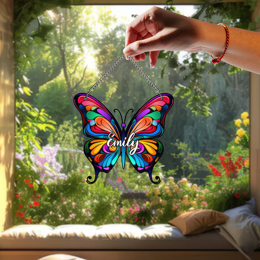 Personalized Butterfly Glass Suncatcher – Custom Name Window Hanging – Stained Glass Style Memorial or Gift for Her (Sun-91)
